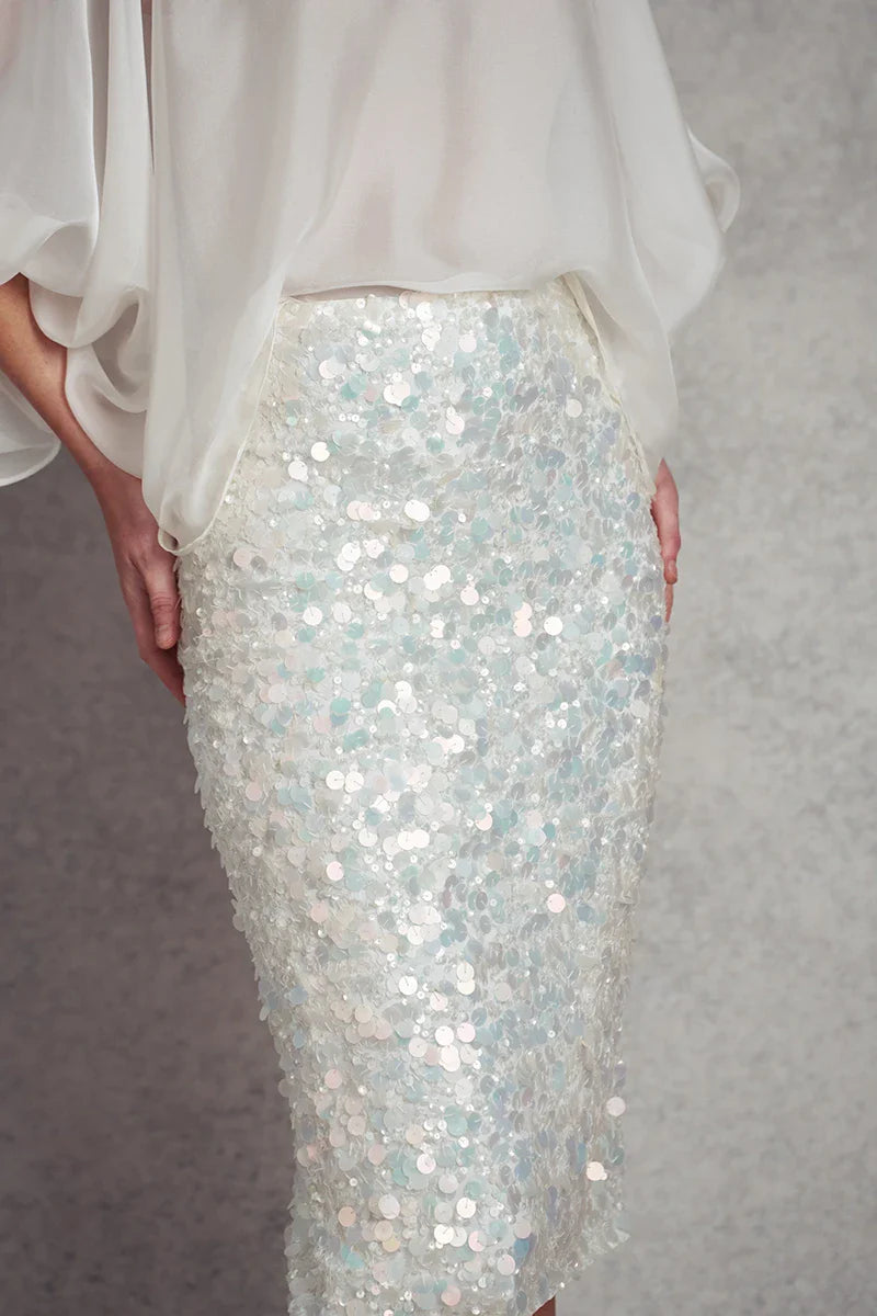 Take my Breath Away Cocktail Pencil Skirt - Iridescent White Sequins