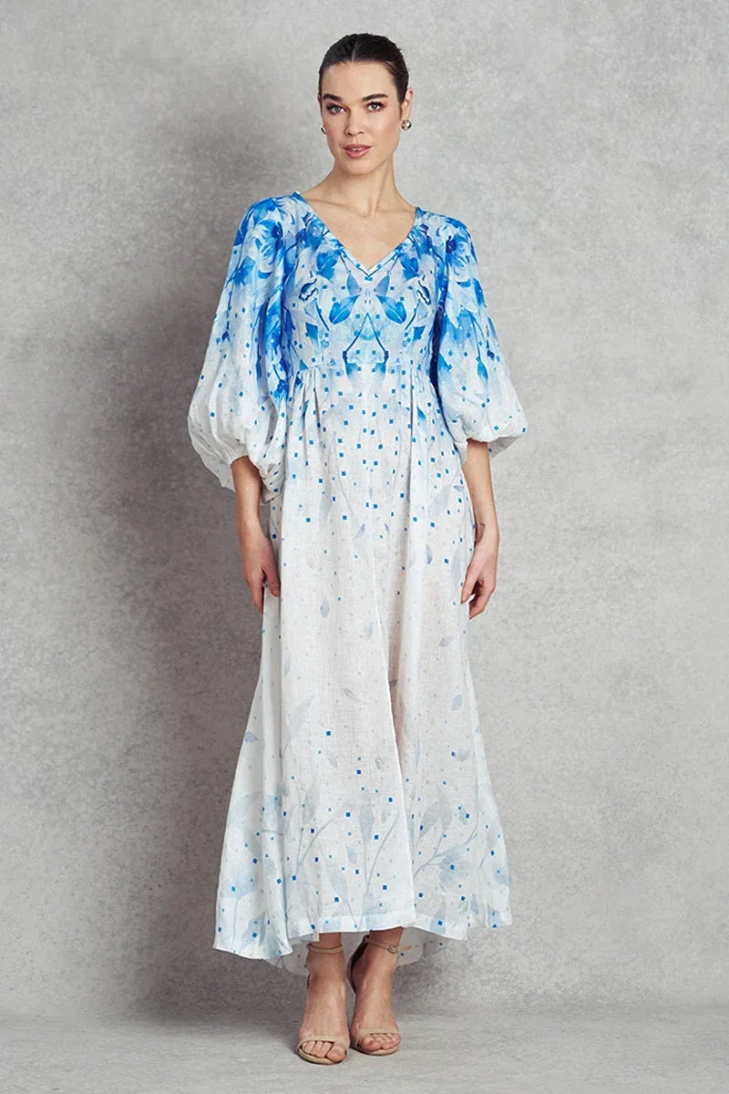 She came from the sea Dress - White with Blue Print