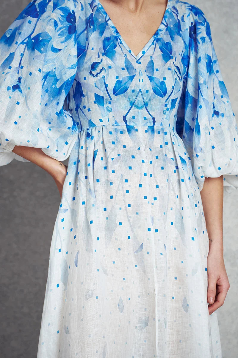 She came from the sea Dress - White with Blue Print