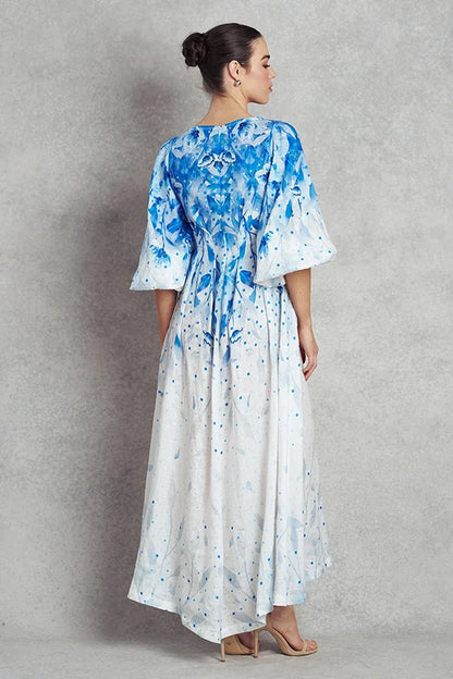 She came from the sea Dress - White with Blue Print