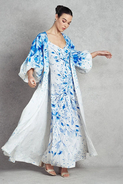 Endless Blues Coat - White with Blue Print