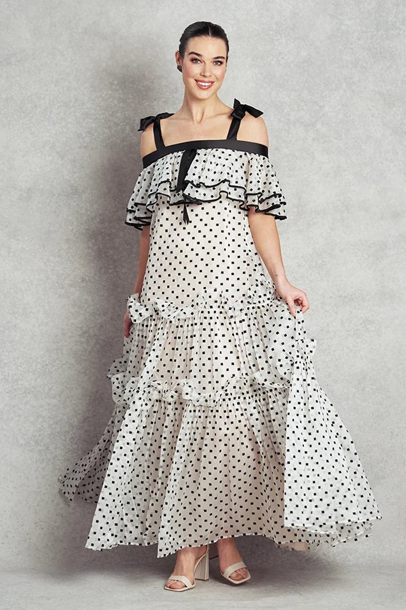 Happiness Dress - White with Black Polka Square Embroidered Pattern