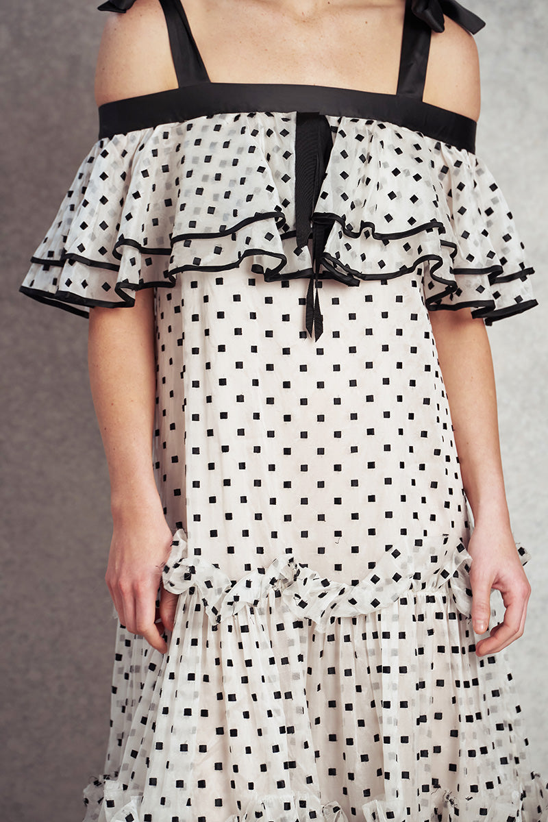 Happiness Dress - White with Black Polka Square Embroidered Pattern