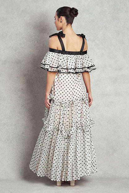 Happiness Dress - White with Black Polka Square Embroidered Pattern