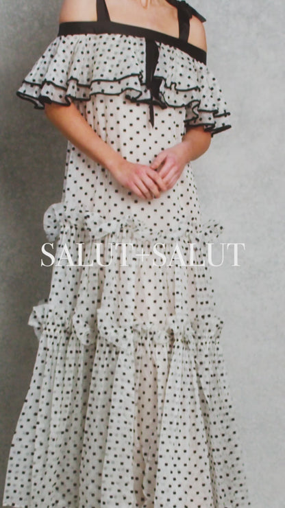 Happiness Dress - White with Black Polka Square Embroidered Pattern